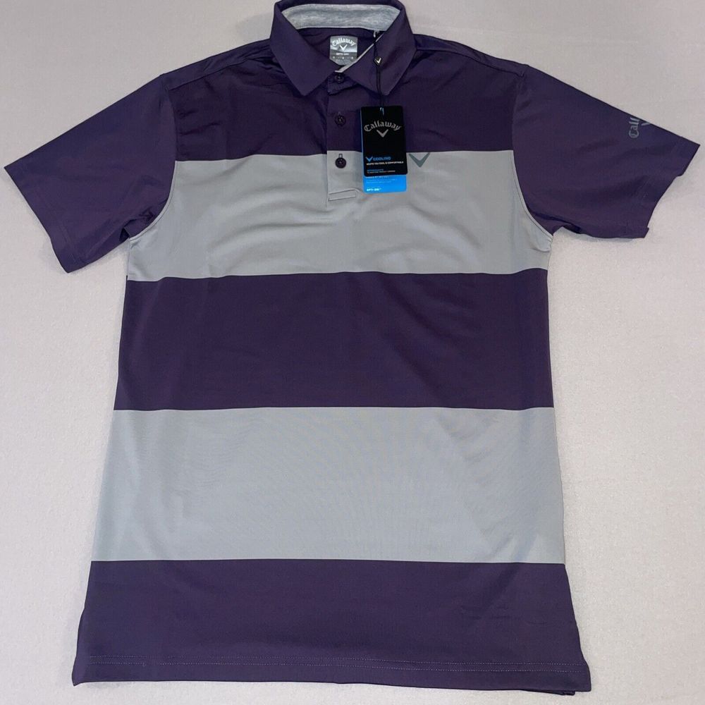 NWT Callaway SMALL Purple/Gray Striped Opti-Dri Performance Polo Stretch Wicking